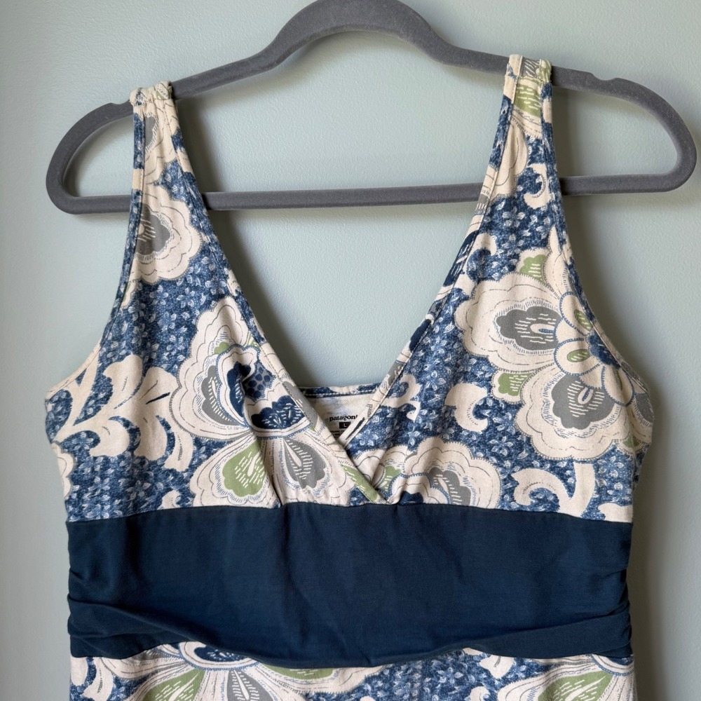 Patagonia Margo Dress Organic Cotton Blue Green Floral Sleeveless V-Neck Large - Picture 3 of 14